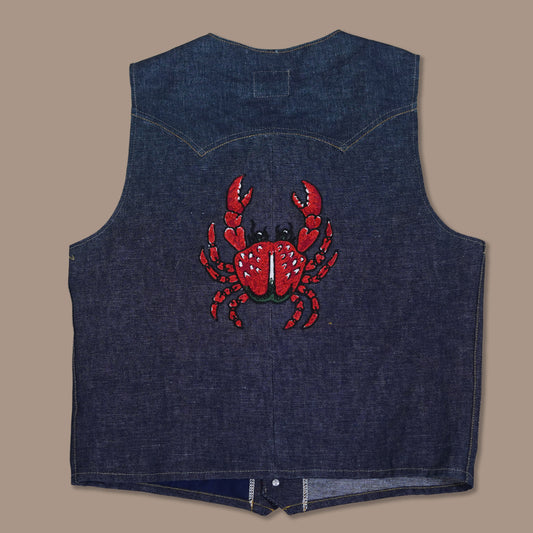Custom embroidered dungee crab denim vest
