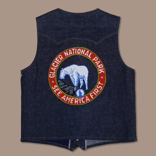 Custom embroidered Glacier National Park denim vest by Rag Proper Overalls
