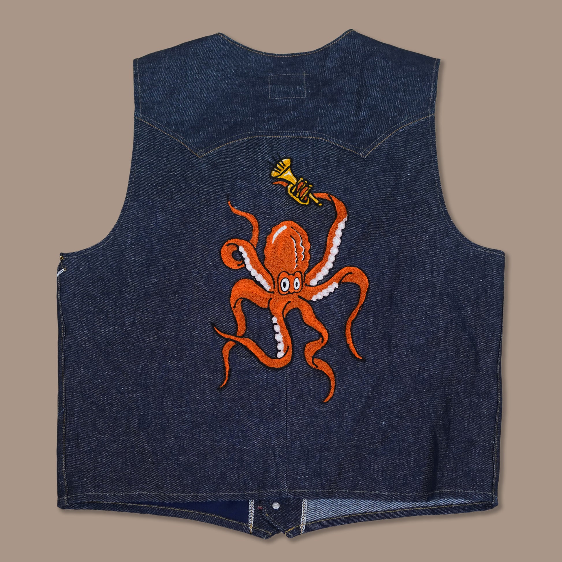 Custom embroidered music loving Octopus denim vest by Rag Proper Overalls