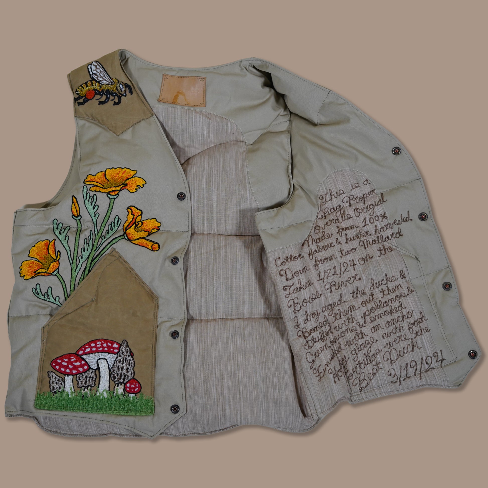 Custom embroidered and custom stuffed down vest inspired by spring