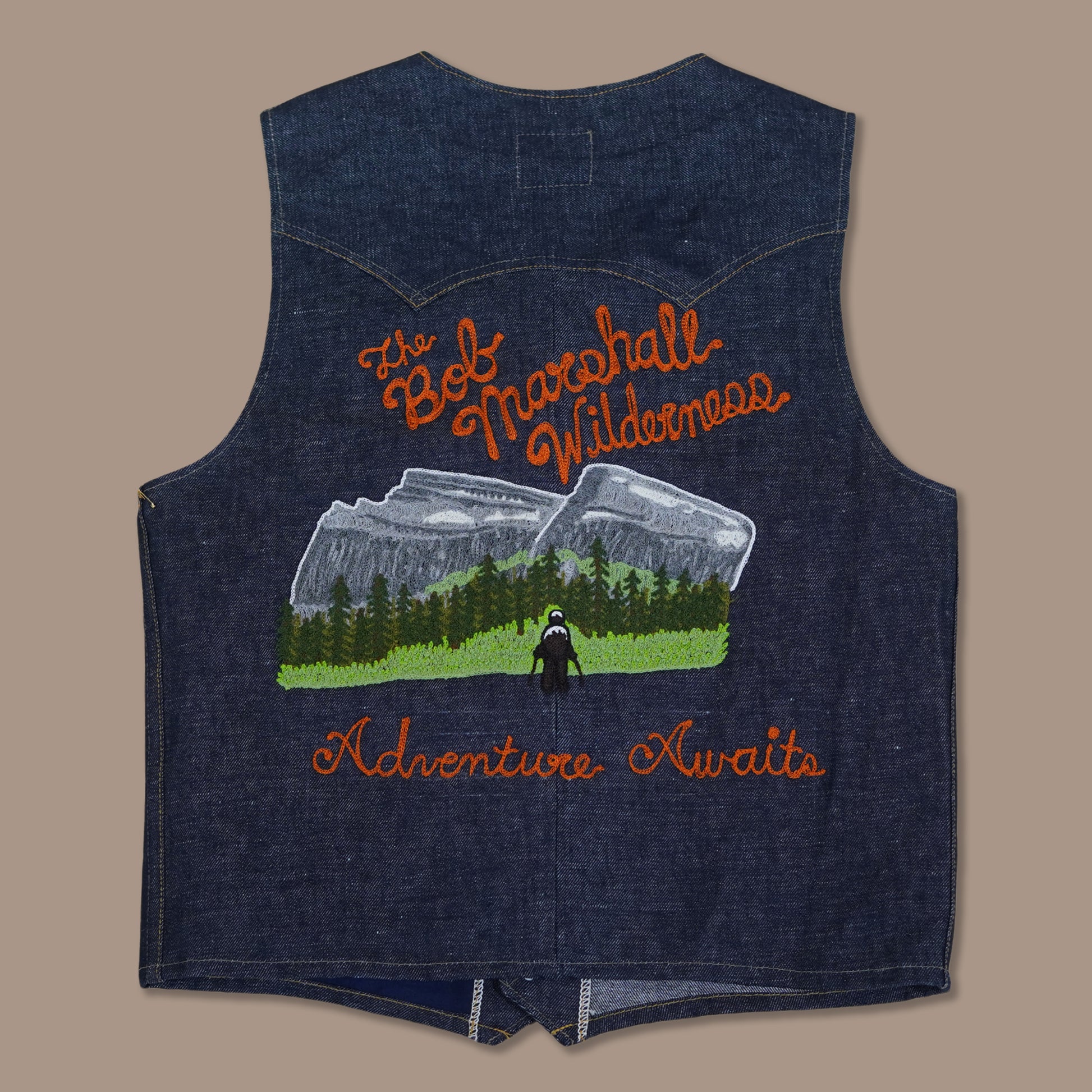 Custom embroidered Bob Marshall Wilderness denim vest