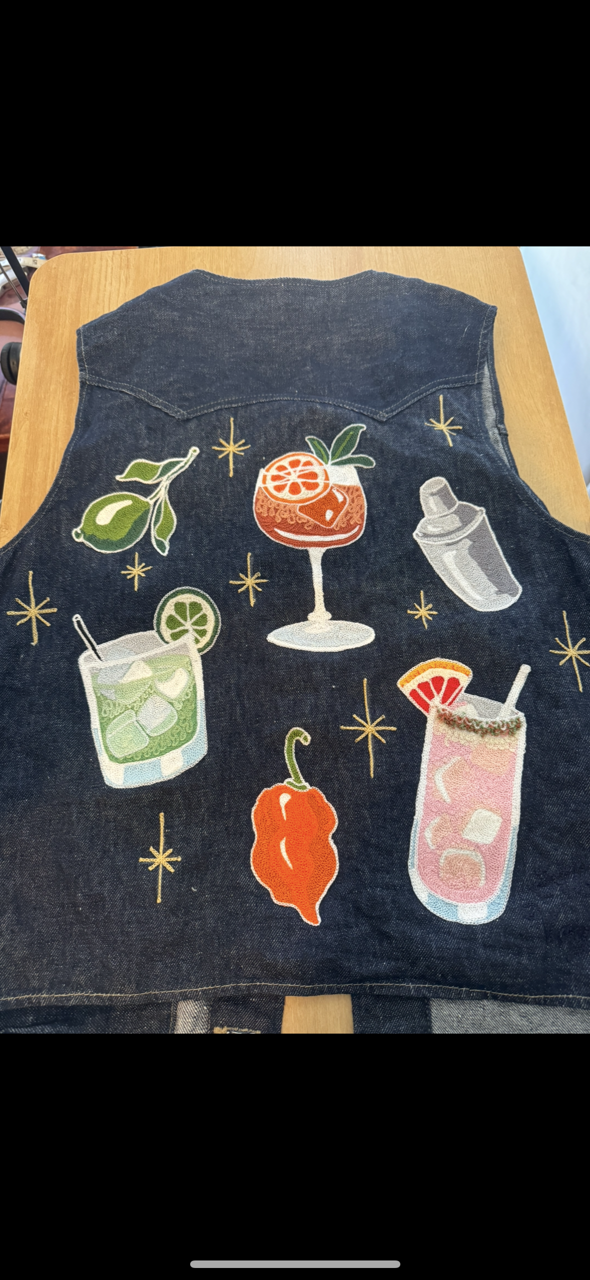 Custom embroidered denim vest for cocktail enthusiasts or bachelor / bachelorette trips