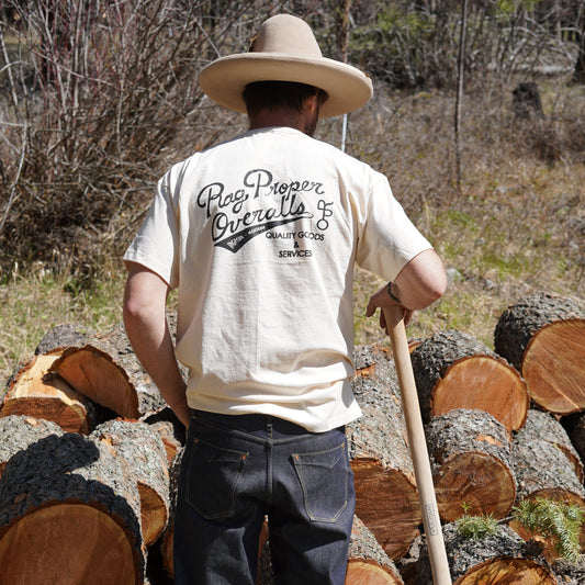 Man wearing rag proper overalls "Jim Tee" t-shirt in Bigfork Montana