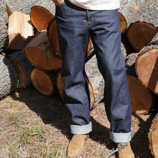 Front view of rag proper overalls hand stitched custom made high rise straight leg denim